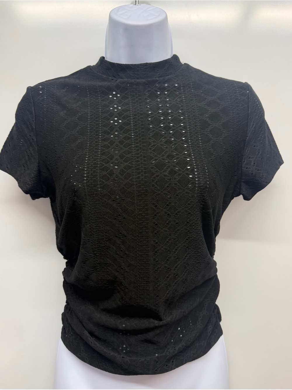 Black Eyelet Short-Sleeve Knit Top